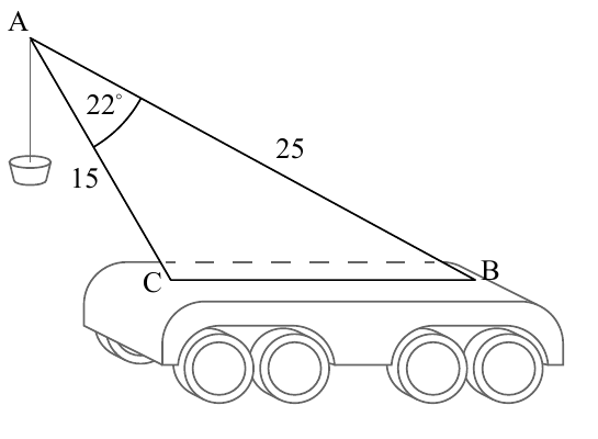 Diagrama de la grúa de juguete con puntos A, B y C.