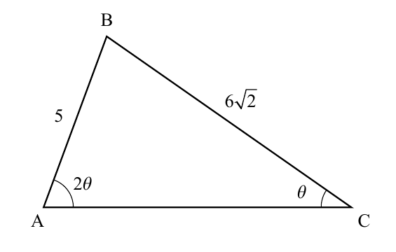 Triángulo ABC con AB=5, BC=6 raíz de 2, ángulos 2 theta y theta