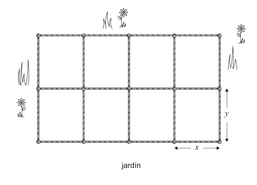 Diagrama de jardín dividido en ocho rectángulos idénticos con medidas x e y
