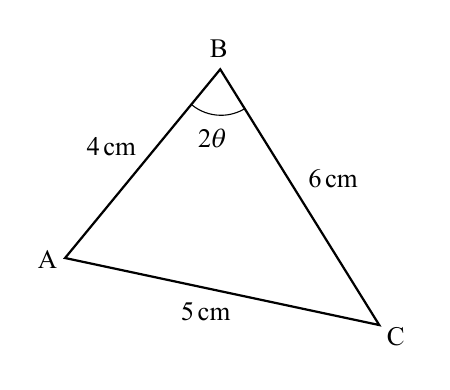 Triángulo ABC con lados 4 cm, 5 cm, 6 cm y ángulo 2 theta