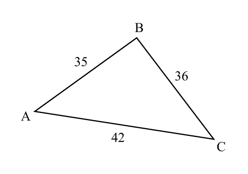 Triangulo ABC con lados AB = 35 cm, BC = 36 cm y CA = 42 cm.