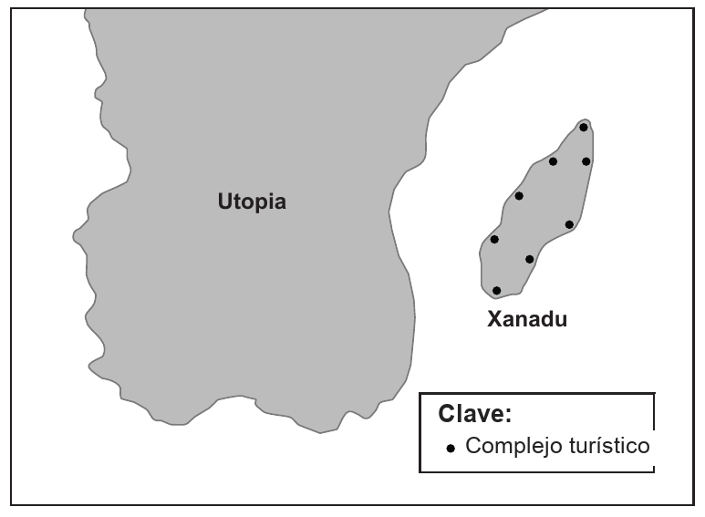 Figura 1: La isla de Xanadu, frente a la costa de Utopía. Clave: complejo turístico