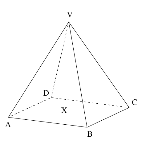 Pirámide recta de base cuadrada ABCD, vértice V y centro X