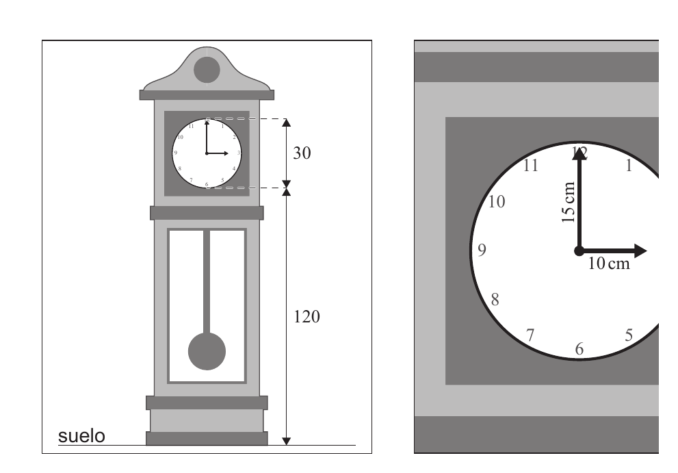 Reloj de pie con longitudes de manecillas y alturas.