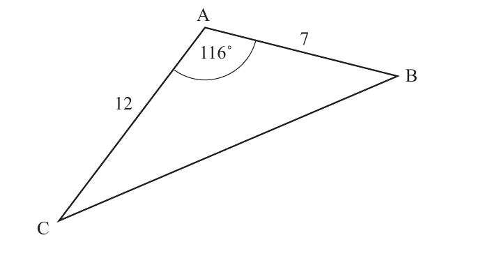 Diagrama del triangulo ABC con AB igual a 7, AC igual a 12 y angulo BAC igual a 116 grados
