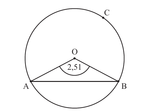 Diagrama de un circulo con centro O, puntos A, B y C en la circunferencia y angulo AOB igual a 2,51 radianes