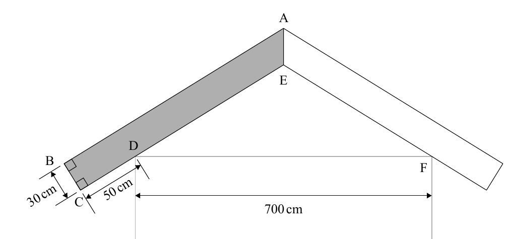 Diagrama del tejado con medidas 30 cm, 50 cm y 700 cm